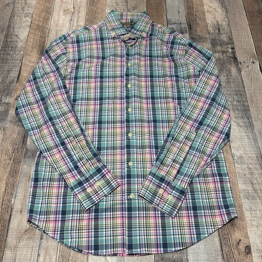Peter Millar Button Down Shirt Men Medium Blue Pink Gingham Plaid Summer Comfort